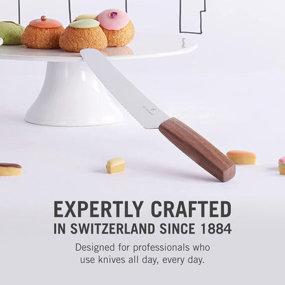Swiss Modern Bread & Pastry Knife - Serrated Bread Knife for Kitchen Accessories - Sharp Kitchen Knife for Cutting Sandwiches, Vegetables & More - Wavy Edge, Walnut Wood Handle, 8.5"