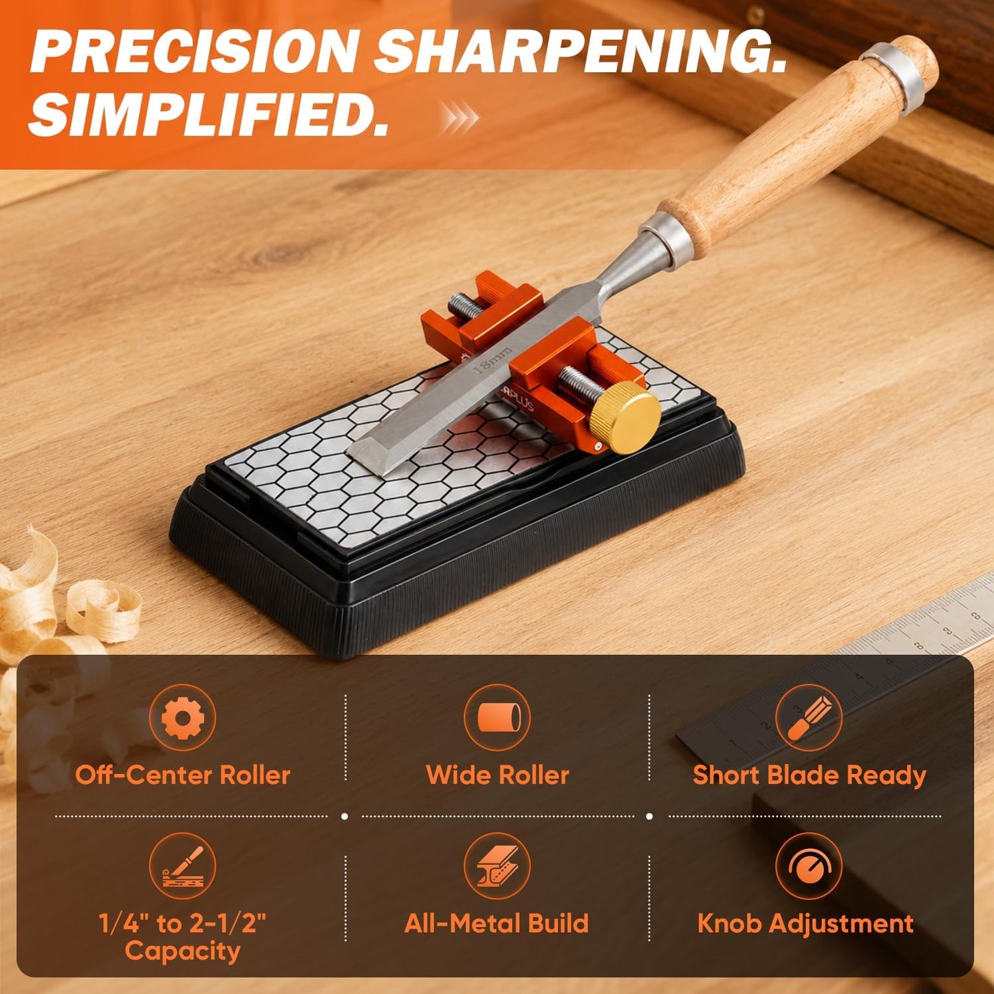 Chisel Sharpening Jig with Whetstone, Off-Center Sharpening Tool for Chisels and Planes, Width 0.2–2.55 Inches, Fine/Coarse Diamond Stone (Guide*1+Stone*1)
