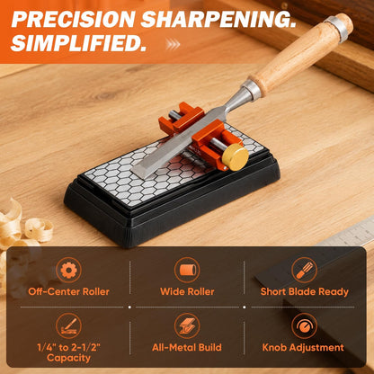 Chisel Sharpening Jig with Whetstone, Off-Center Sharpening Tool for Chisels and Planes, Width 0.2–2.55 Inches, Fine/Coarse Diamond Stone (Guide*1+Stone*1)