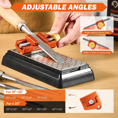 Chisel Sharpening Jig with Whetstone, Off-Center Sharpening Tool for Chisels and Planes, Width 0.2–2.55 Inches, Fine/Coarse Diamond Stone (Guide*1+Stone*1)