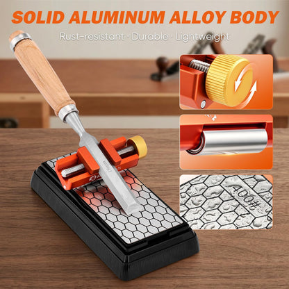Chisel Sharpening Jig with Whetstone, Off-Center Sharpening Tool for Chisels and Planes, Width 0.2–2.55 Inches, Fine/Coarse Diamond Stone (Guide*1+Stone*1)