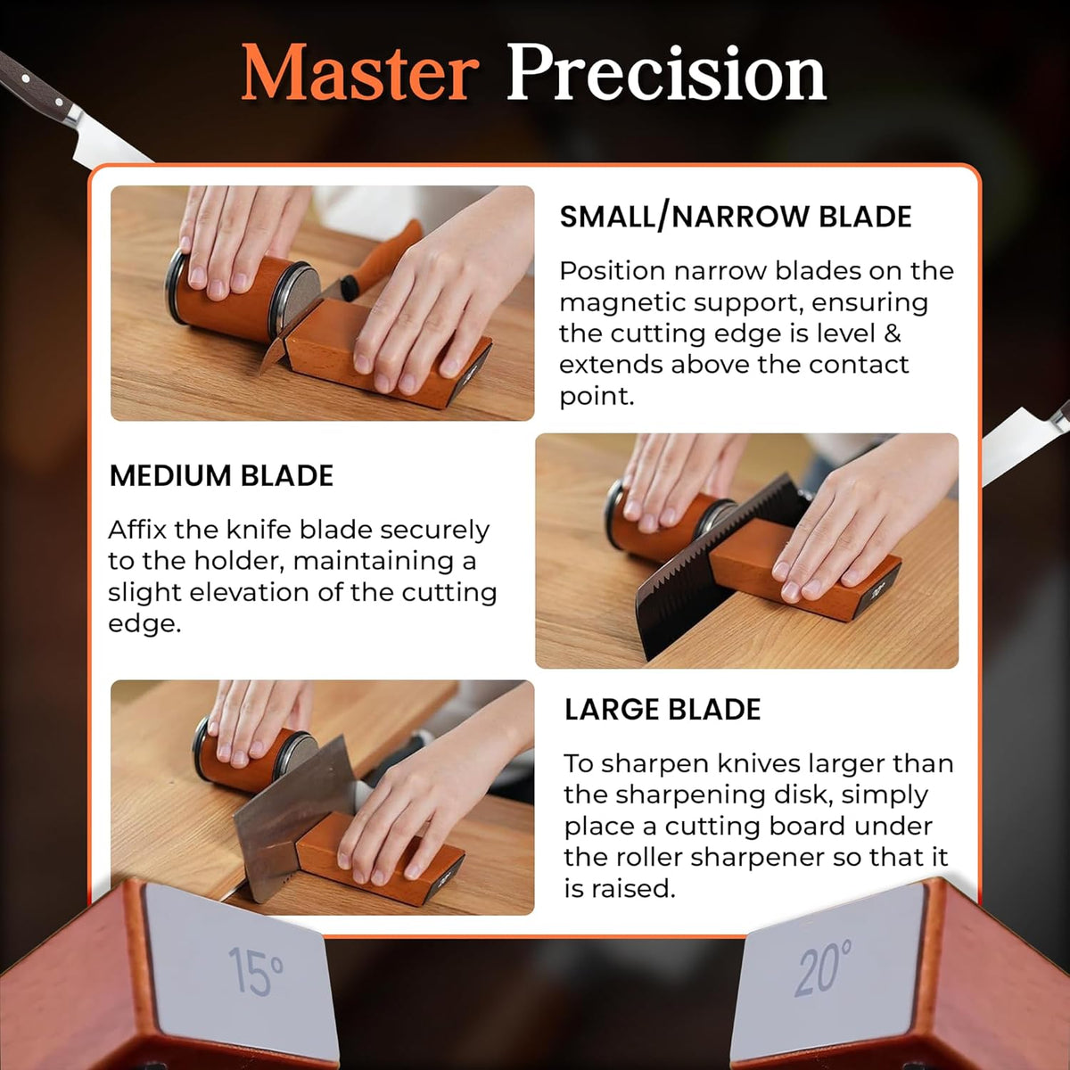 Rolling Knife Sharpener – Kitchen Knife Sharpener with Diamond Grinding Discs, 15° & 20° Magnetic Angles, Easy-to-Use Knife Sharpening Tool