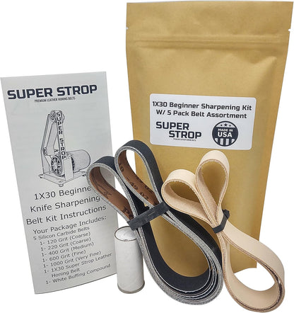 1X30 Beginner Knife Sharpening Belt Kit W/ 5 Pack Sanding Belt Assortment and 1X30 Leather Honing Belt Detailed Instructions Included