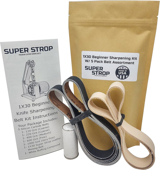 1X30 Beginner Knife Sharpening Belt Kit W/ 5 Pack Sanding Belt Assortment and 1X30 Leather Honing Belt Detailed Instructions Included