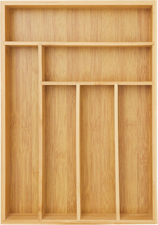 Silverware Organizer Tray - Brown Bamboo, 6-Slot, 14.5 x 10.25 x 1.75 in - Utensil Drawer Organizer & Cutlery Tray for Kitchen & Desk Use