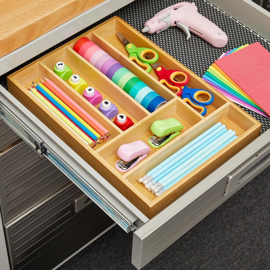 Silverware Organizer Tray - Brown Bamboo, 6-Slot, 14.5 x 10.25 x 1.75 in - Utensil Drawer Organizer & Cutlery Tray for Kitchen & Desk Use