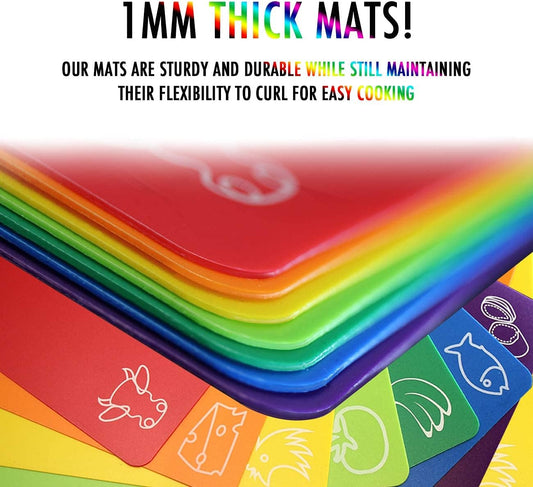 Cutting Board Mats Flexible Plastic Colored Mats with Food Icons, BPA-Free, Non-Porous, Anti-skid back and Dishwasher Safe, Set of 7 Rainbow - 7 Pieces