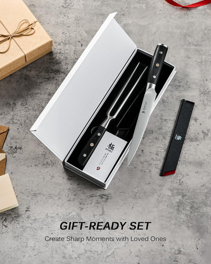 Turkey Carving Set - German Steel Carving Knife & Fork Set | German 1.4116 Steel Full Tang Set, Pakkawood Handles With Mosaic Pins, Meat Poultry Brisket Portioning Set With Gift Box