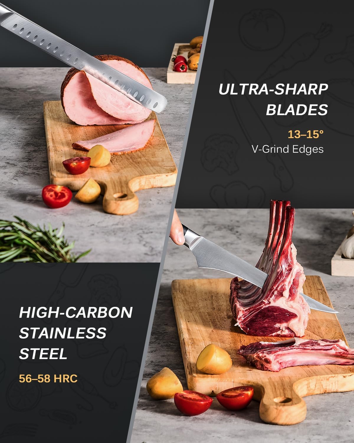 Turkey Carving Set - German Steel Carving Knife & Fork Set | German 1.4116 Steel Full Tang Set, Pakkawood Handles With Mosaic Pins, Meat Poultry Brisket Portioning Set With Gift Box
