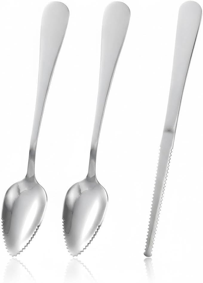 3Pcs Grapefruit Spoon & Knife Set, Stainless Steel Grapefruit Spoon with Serrated Edge, Silver Multi-Use Kitchen Tool for Citrus, Kiwi, Dessert, Avocado & More