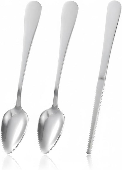3Pcs Grapefruit Spoon & Knife Set, Stainless Steel Grapefruit Spoon with Serrated Edge, Silver Multi-Use Kitchen Tool for Citrus, Kiwi, Dessert, Avocado & More