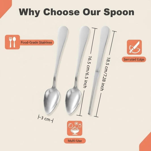 3Pcs Grapefruit Spoon & Knife Set, Stainless Steel Grapefruit Spoon with Serrated Edge, Silver Multi-Use Kitchen Tool for Citrus, Kiwi, Dessert, Avocado & More