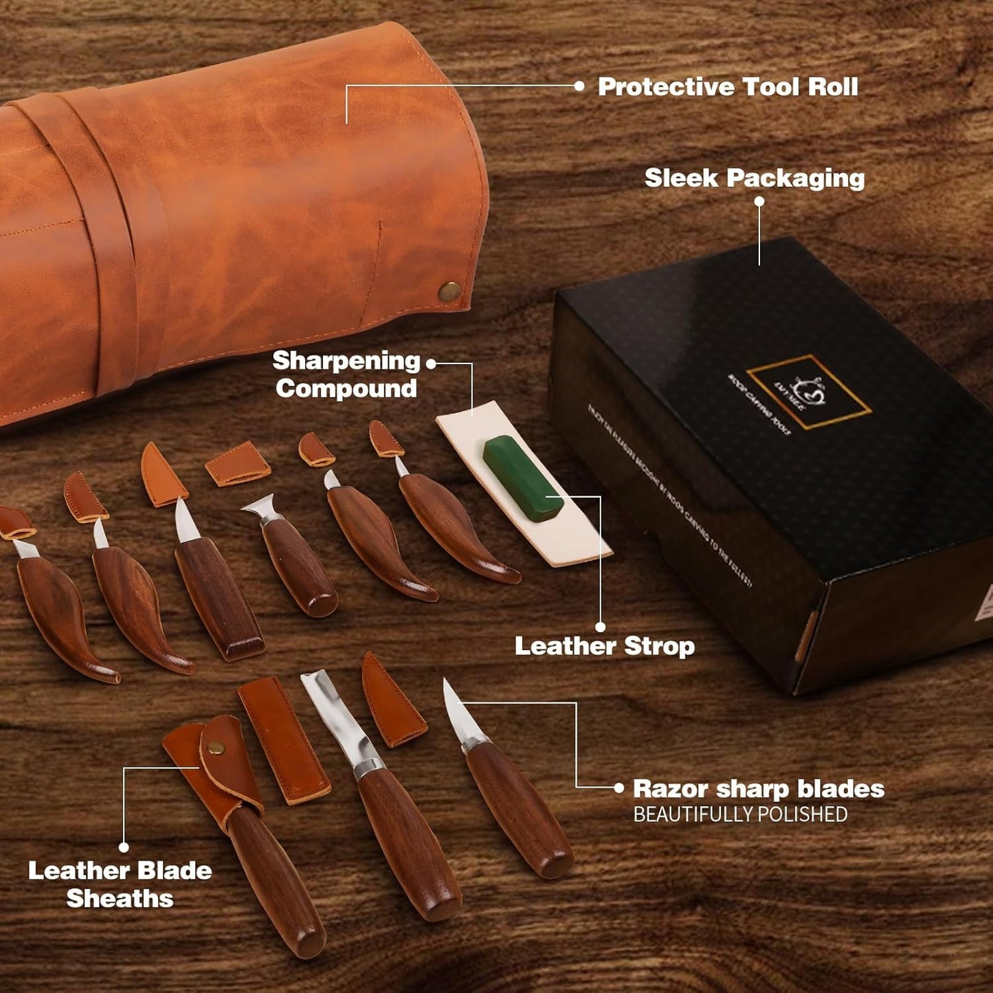 Deluxe Wood Carving Kit - 21Pcs Wood Carving Tools with Leather Storage Bag,Wood Carving Tools Set with 8Pcs Whittling Knives, 8Pcs Detail Carving Knives,Wood Whittling Kit for Beginners
