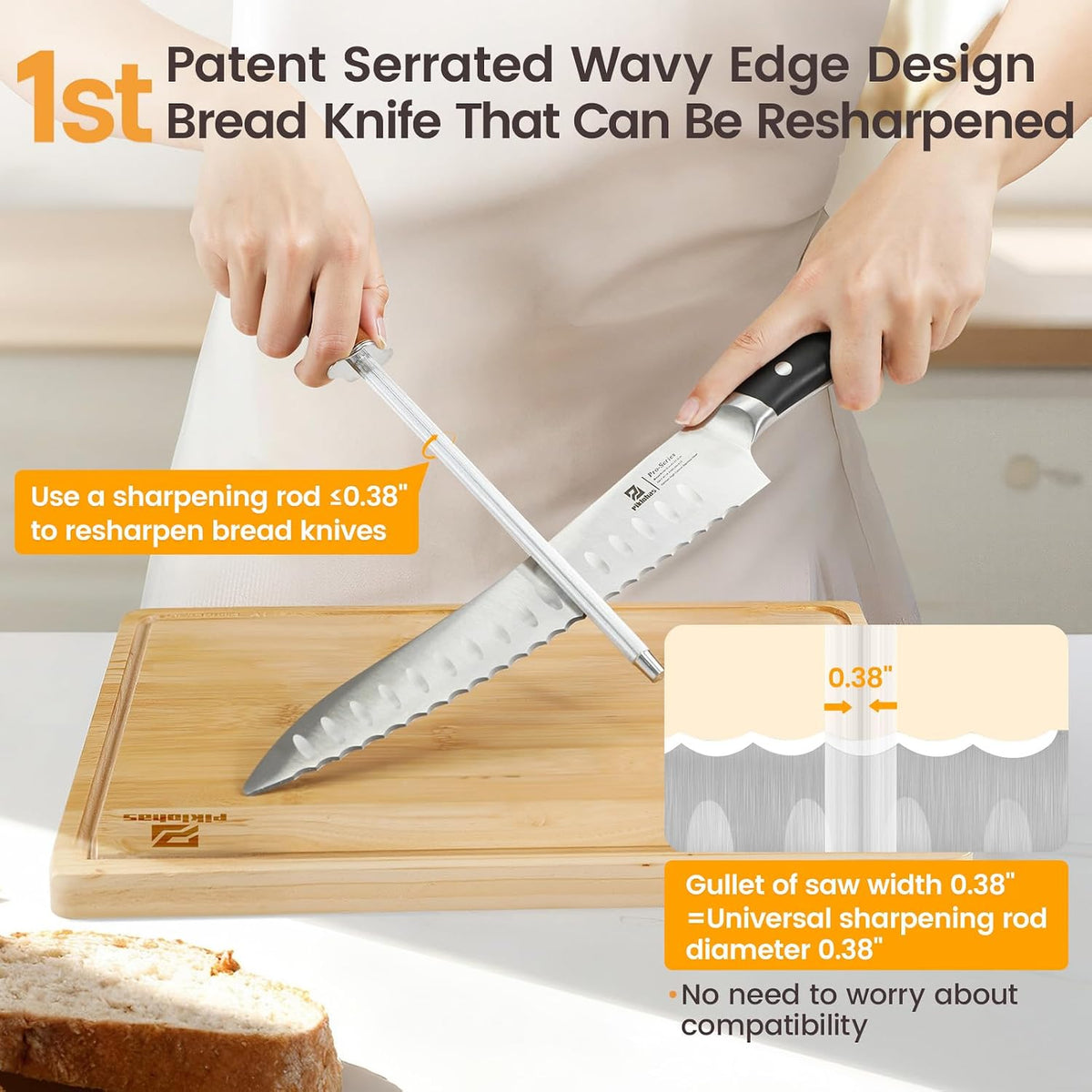 Resharpenable Bread Knife for Homemade Bread, 8 Inch