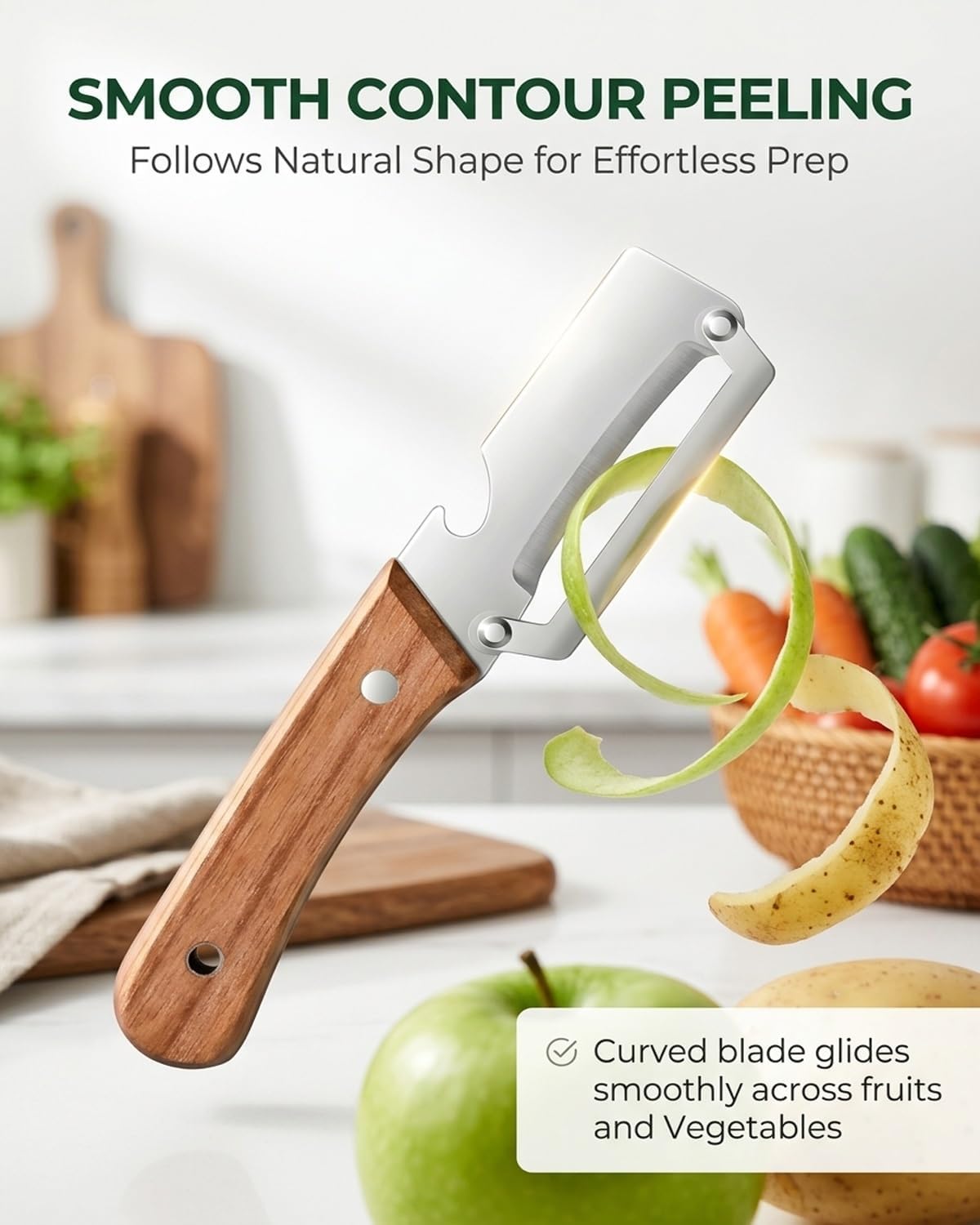 Vegetable Potato Peeler Knife Wooden Kitchen Tool Handle Multifunctional Stainless Steel Thickened Handheld Fruit Veggie Food Sharp Peelers Slicer Wide Arched Blade Cabbage Cutter Premium(1pc)