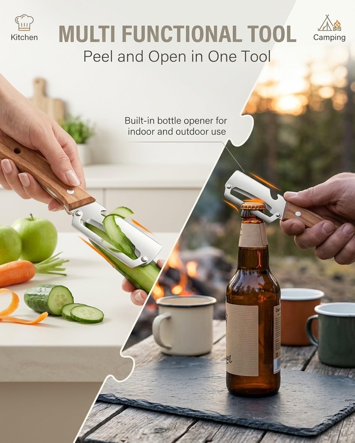 Vegetable Potato Peeler Knife Wooden Kitchen Tool Handle Multifunctional Stainless Steel Thickened Handheld Fruit Veggie Food Sharp Peelers Slicer Wide Arched Blade Cabbage Cutter Premium(1pc)