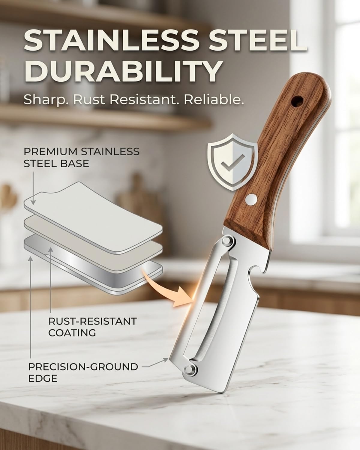 Vegetable Potato Peeler Knife Wooden Kitchen Tool Handle Multifunctional Stainless Steel Thickened Handheld Fruit Veggie Food Sharp Peelers Slicer Wide Arched Blade Cabbage Cutter Premium(1pc)