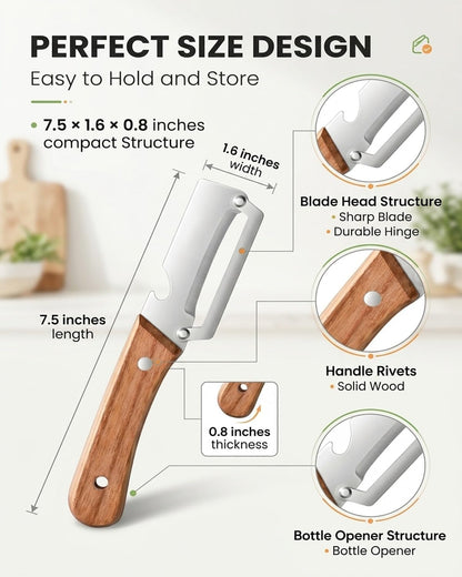 Vegetable Potato Peeler Knife Wooden Kitchen Tool Handle Multifunctional Stainless Steel Thickened Handheld Fruit Veggie Food Sharp Peelers Slicer Wide Arched Blade Cabbage Cutter Premium(1pc)