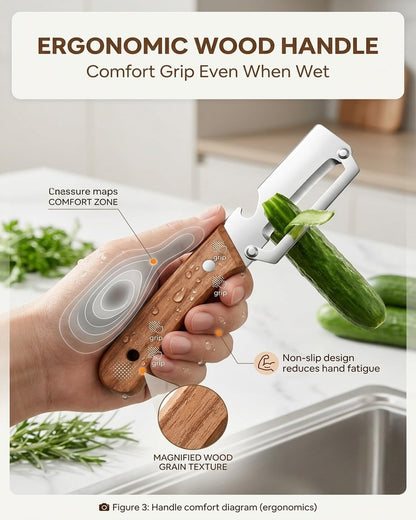 Vegetable Potato Peeler Knife Wooden Kitchen Tool Handle Multifunctional Stainless Steel Thickened Handheld Fruit Veggie Food Sharp Peelers Slicer Wide Arched Blade Cabbage Cutter Premium(1pc)