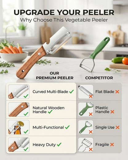 Vegetable Potato Peeler Knife Wooden Kitchen Tool Handle Multifunctional Stainless Steel Thickened Handheld Fruit Veggie Food Sharp Peelers Slicer Wide Arched Blade Cabbage Cutter Premium(1pc)