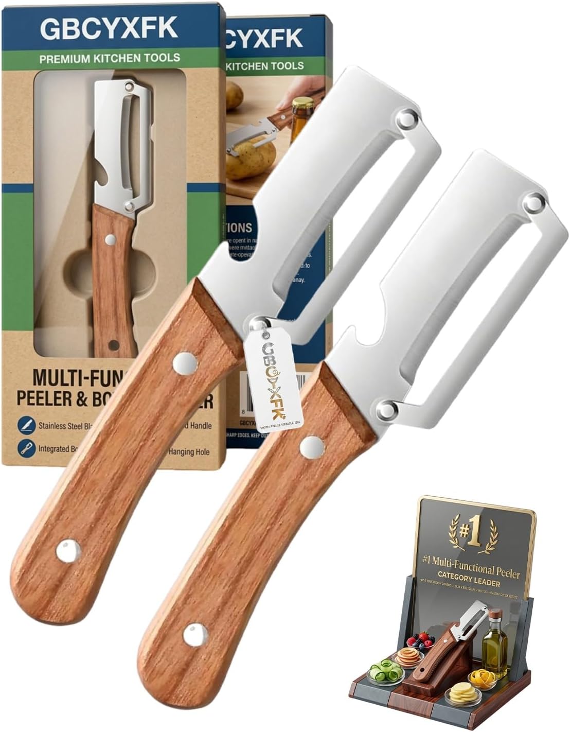 Vegetable Potato Peeler Knife Wooden Kitchen Tool Handle Multifunctional Stainless Steel Thickened Handheld Fruit Veggie Food Sharp Peelers Slicer Wide Arched Blade Cabbage Cutter Premium(1pc)