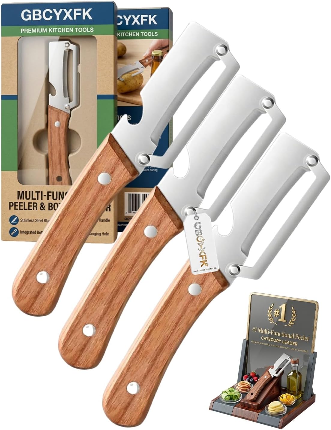 Vegetable Potato Peeler Knife Wooden Kitchen Tool Handle Multifunctional Stainless Steel Thickened Handheld Fruit Veggie Food Sharp Peelers Slicer Wide Arched Blade Cabbage Cutter Premium(1pc)