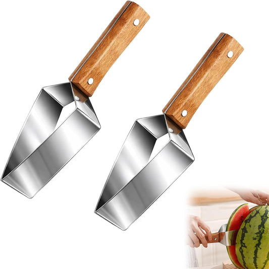 Triangle Watermelon Cutter, Watermelon Slicer Cutter Tool, Stainless Steel Fruit Slicer with Wooden Handle & Blade Cover, Melon Apple Cutting Tool for Kitchen (2-Pack)