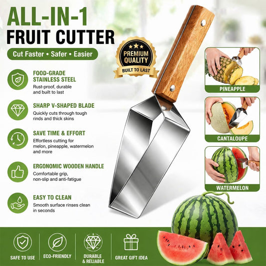 Triangle Watermelon Cutter, Watermelon Slicer Cutter Tool, Stainless Steel Fruit Slicer with Wooden Handle & Blade Cover, Melon Apple Cutting Tool for Kitchen (2-Pack)