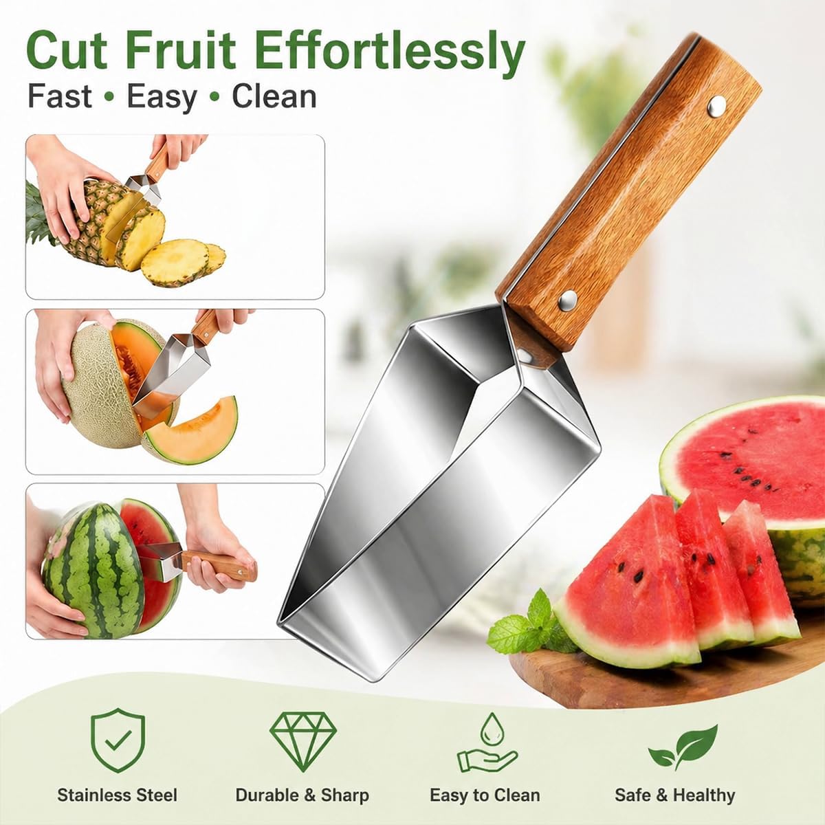 Triangle Watermelon Cutter, Watermelon Slicer Cutter Tool, Stainless Steel Fruit Slicer with Wooden Handle & Blade Cover, Melon Apple Cutting Tool for Kitchen (2-Pack)