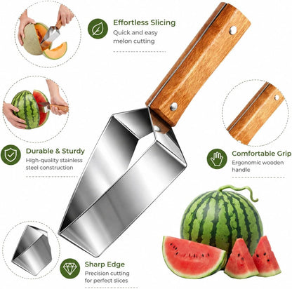 Triangle Watermelon Cutter, Watermelon Slicer Cutter Tool, Stainless Steel Fruit Slicer with Wooden Handle & Blade Cover, Melon Apple Cutting Tool for Kitchen (2-Pack)