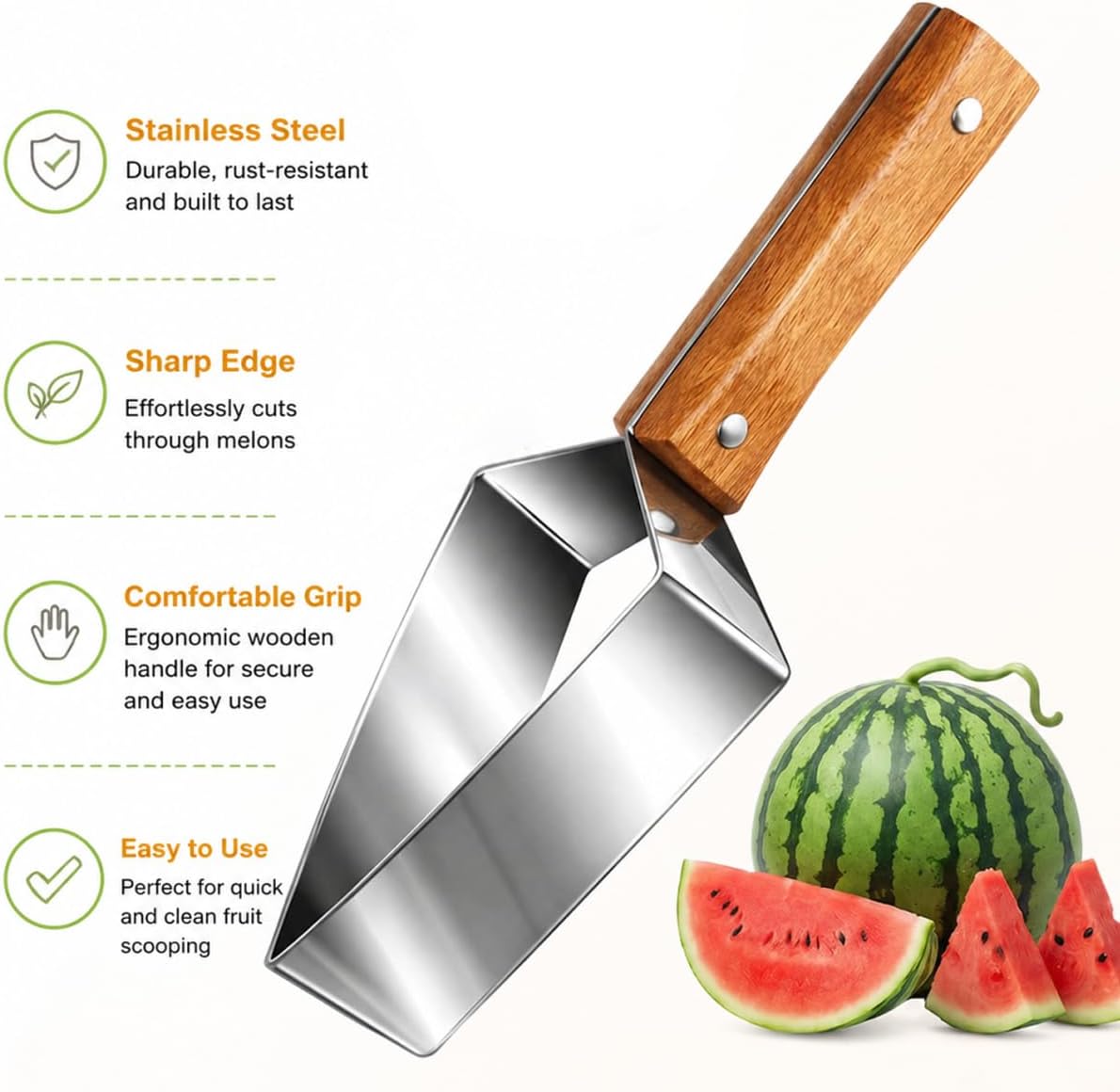 Triangle Watermelon Cutter, Watermelon Slicer Cutter Tool, Stainless Steel Fruit Slicer with Wooden Handle & Blade Cover, Melon Apple Cutting Tool for Kitchen (2-Pack)