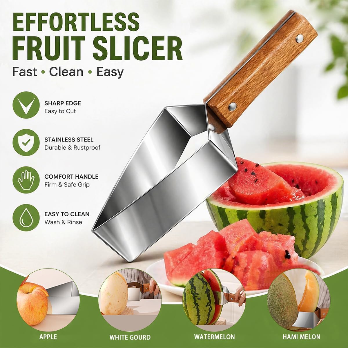 Triangle Watermelon Cutter, Watermelon Slicer Cutter Tool, Stainless Steel Fruit Slicer with Wooden Handle & Blade Cover, Melon Apple Cutting Tool for Kitchen (2-Pack)