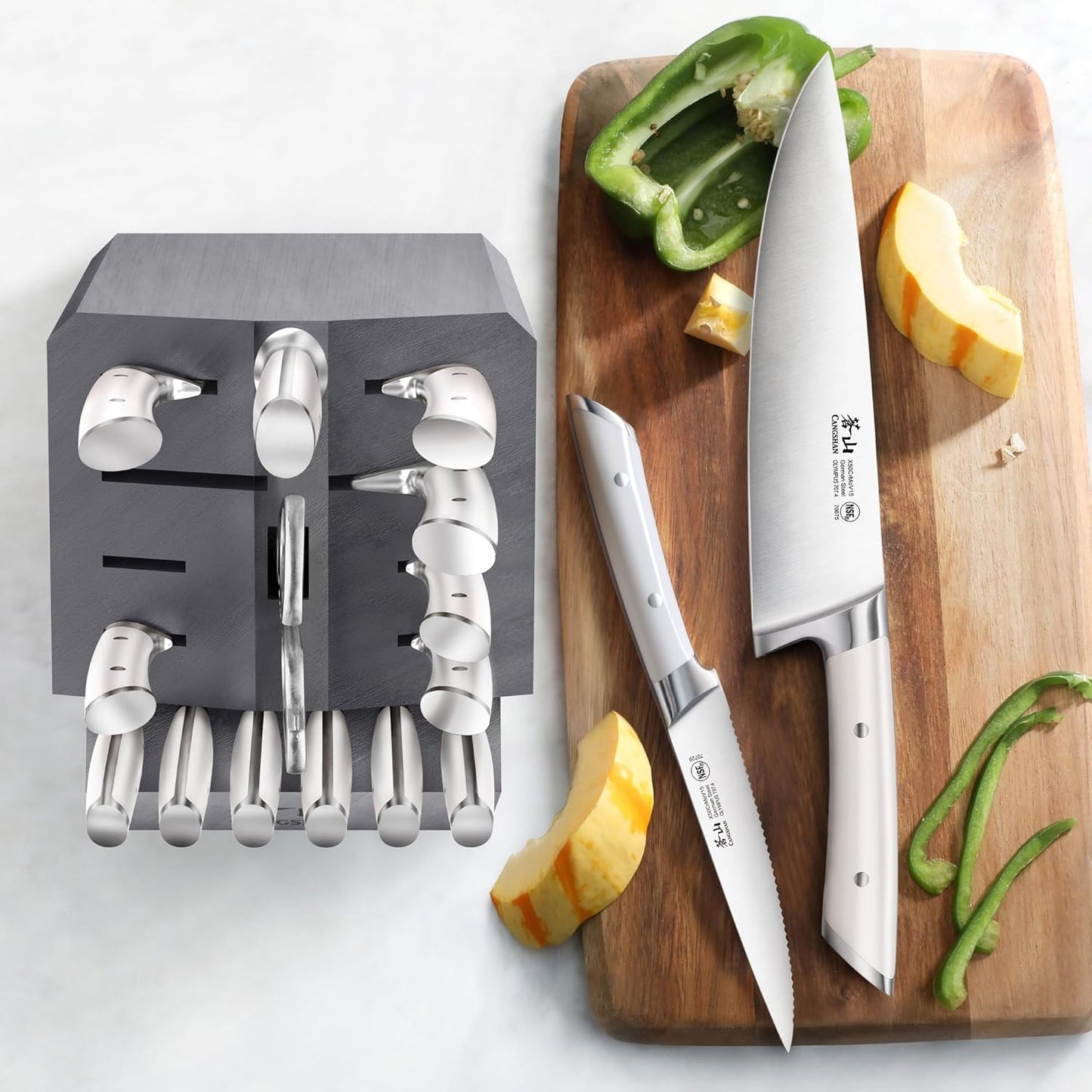 Cangshan OLYMPUS Series 17-Piece Knife Block Set, German Steel, Gray Wood Block (White)