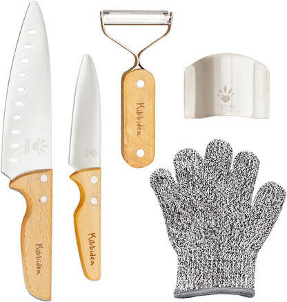 Kids Knife Set for Real Cooking, Kid-friendly Kitchen Chef Knives | 4PCS, Food-grade Stainless Steel Cutting Blades, Wooden Handle, BPA-free, for Teenager 7，8-12