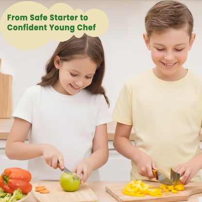 Kids Knife Set for Real Cooking, Kid-friendly Kitchen Chef Knives | 4PCS, Food-grade Stainless Steel Cutting Blades, Wooden Handle, BPA-free, for Teenager 7，8-12