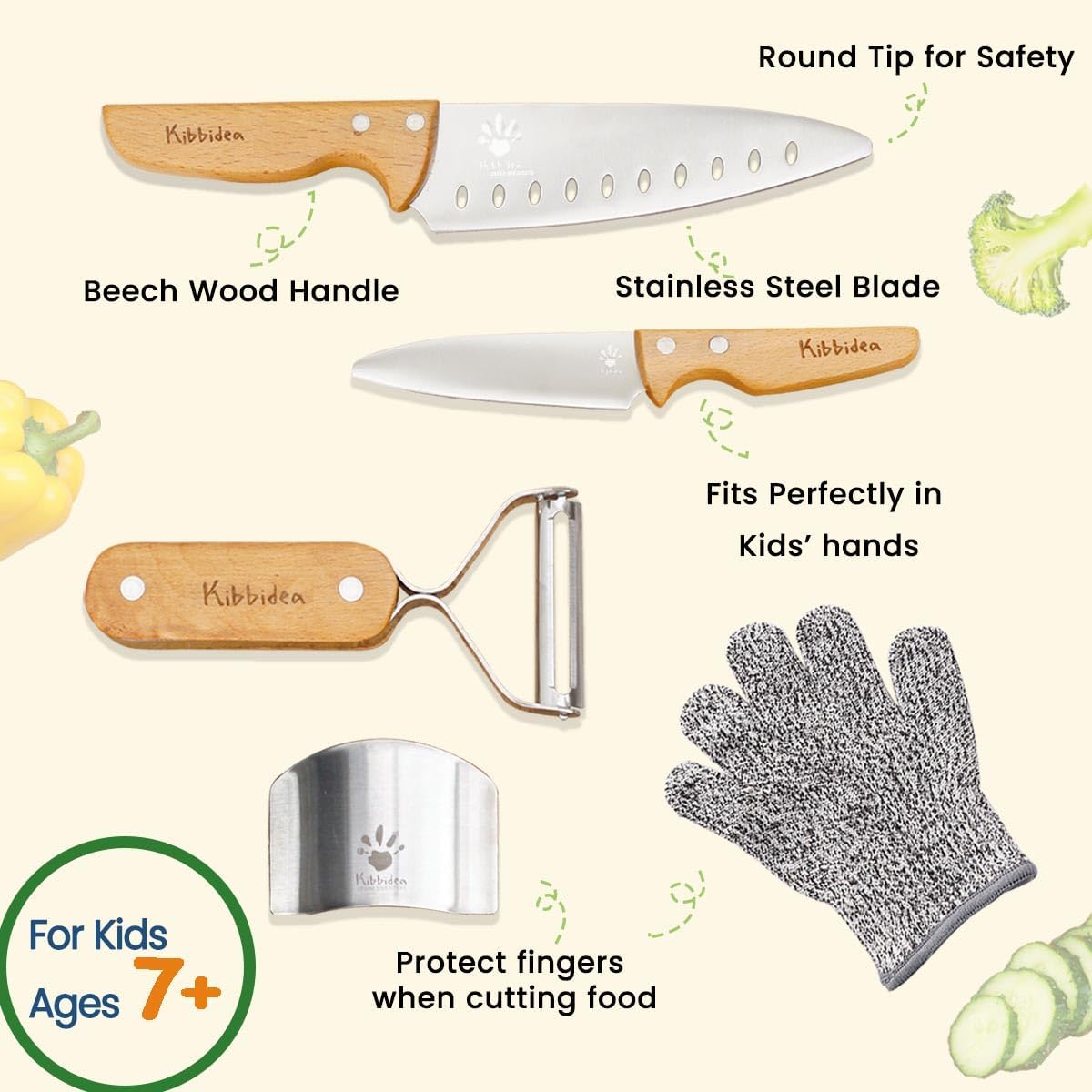 Kids Knife Set for Real Cooking, Kid-friendly Kitchen Chef Knives | 4PCS, Food-grade Stainless Steel Cutting Blades, Wooden Handle, BPA-free, for Teenager 7，8-12