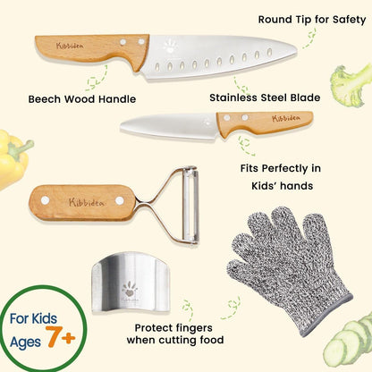 Kids Knife Set for Real Cooking, Kid-friendly Kitchen Chef Knives | 4PCS, Food-grade Stainless Steel Cutting Blades, Wooden Handle, BPA-free, for Teenager 7，8-12
