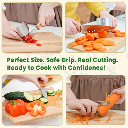 Kids Knife Set for Real Cooking, Kid-friendly Kitchen Chef Knives | 4PCS, Food-grade Stainless Steel Cutting Blades, Wooden Handle, BPA-free, for Teenager 7，8-12