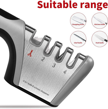 4-in-1 Knife Sharpener with 4-Stage Sharpening, Manual Kitchen Sharpener for Ceramic & Steel Knives and Scissors, Black