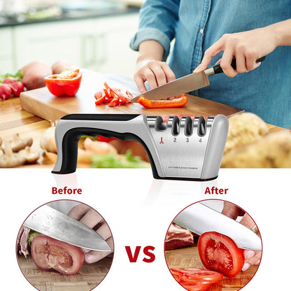 4-in-1 Knife Sharpener with 4-Stage Sharpening, Manual Kitchen Sharpener for Ceramic & Steel Knives and Scissors, Black