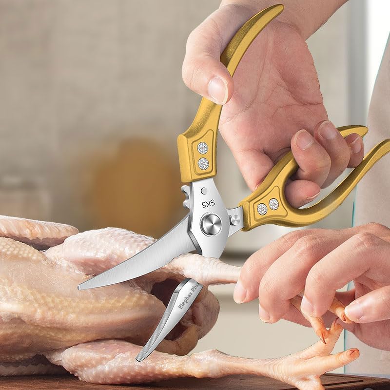 Heavy Duty Poultry Shears, Kitchen Shears with Anti-Slip Handle & Safety Lock, All Purpose Kitchen Scissors for Chicken, Meat Cutting, Turkey, Fish, Vegetables (Gold)