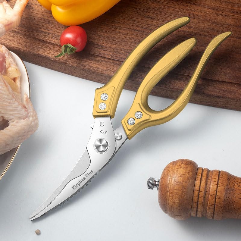 Heavy Duty Poultry Shears, Kitchen Shears with Anti-Slip Handle & Safety Lock, All Purpose Kitchen Scissors for Chicken, Meat Cutting, Turkey, Fish, Vegetables (Gold)