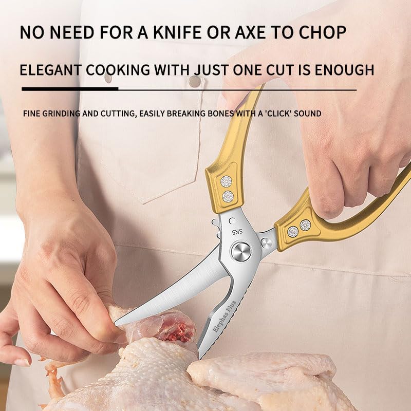 Heavy Duty Poultry Shears, Kitchen Shears with Anti-Slip Handle & Safety Lock, All Purpose Kitchen Scissors for Chicken, Meat Cutting, Turkey, Fish, Vegetables (Gold)