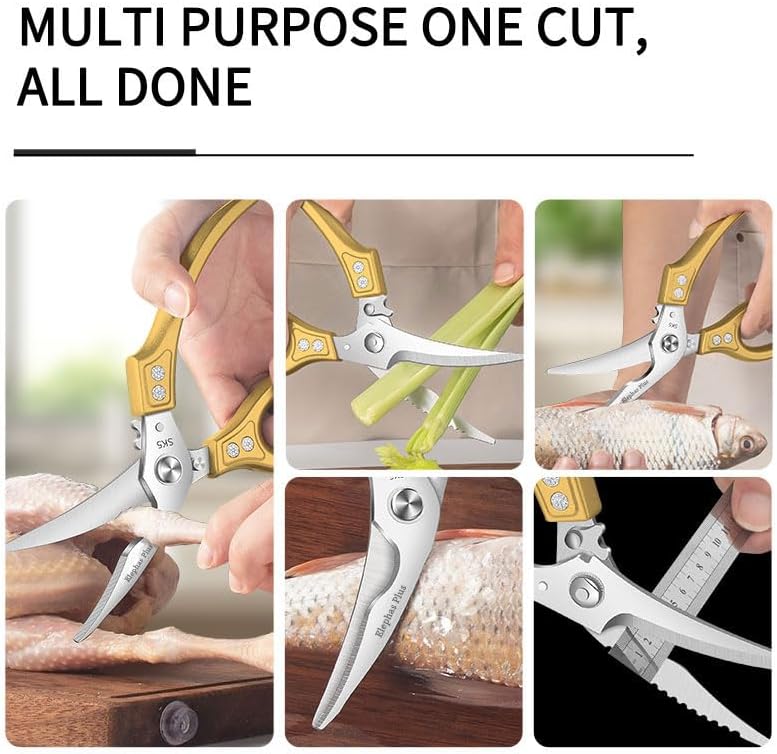 Heavy Duty Poultry Shears, Kitchen Shears with Anti-Slip Handle & Safety Lock, All Purpose Kitchen Scissors for Chicken, Meat Cutting, Turkey, Fish, Vegetables (Gold)