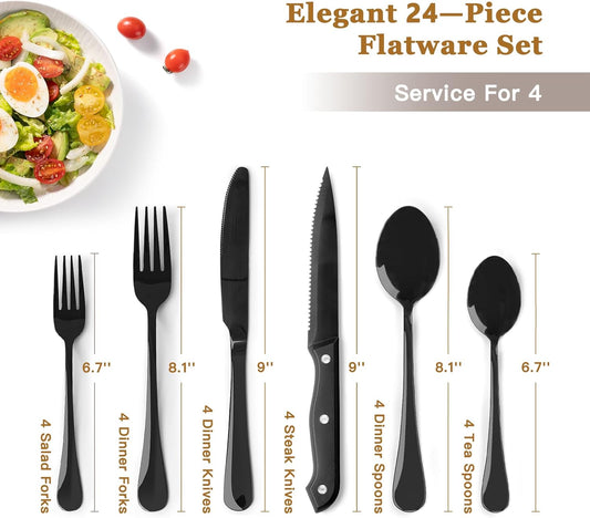 24-Piece Black Silverware Set with Steak Knives Flatware Set for 4 Food-Grade Stainless Steel Cutlery Set Mirror Polished Utensils Set Include Spoons and Forks for Home Kitchen Restaurant