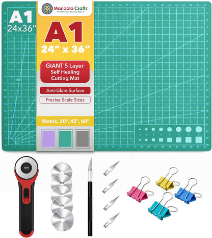 Self-Healing Cutting Mat Set – 12" x 18" A3 Green Double-Sided 5-Ply Mat with Fabric Cutter, Quilt Ruler & Craft Knife for Sewing, Quilting, Leather & Scrapbooking