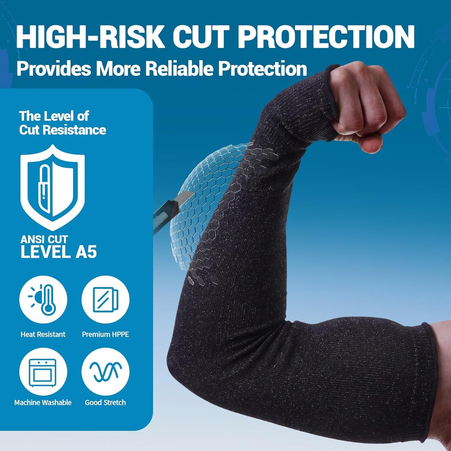 2 Pairs Cut Resistant Arm Sleeves for Men Women, A5 Protective Arm Sleeves for Thin Skin & Bruising with Thumb Hole for Welding, Gardening, Kitchen, Pet Grooming Black/Grey