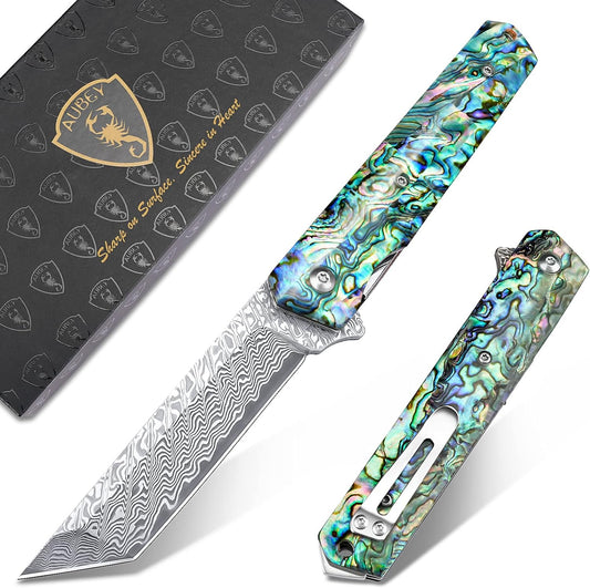 Damascus Pocket Knife with Clip for Men Abalone Shell Handle DMWS1C | 3.43" Sharp Tanto Blade VG10 Core Damascus Steel Folding Knife,Liner Lock Flipper Open,Glass Breaker,EDC Gift Outdoor Women