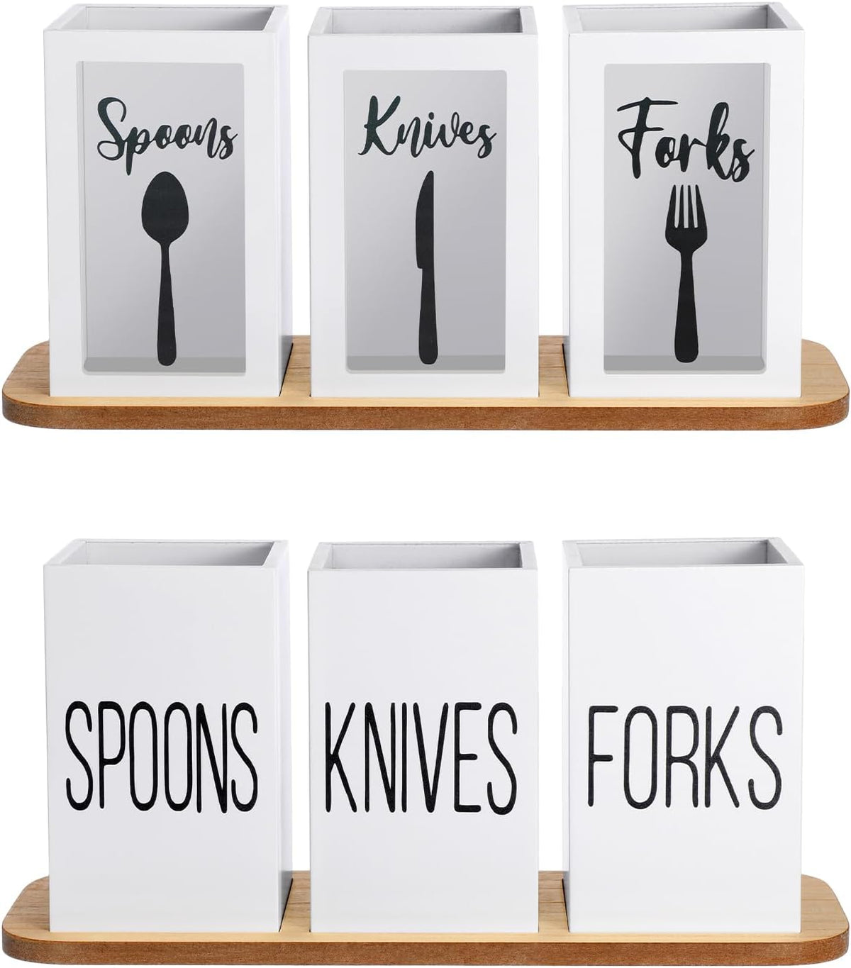 Acrylic Silverware Cutlery Holder Flatware Caddy Utensil Holder with Wood Tray Spoon Fork Knives Flatware Dispenser for Kitchen Table Countertop Silverware Storage Organizer(White)