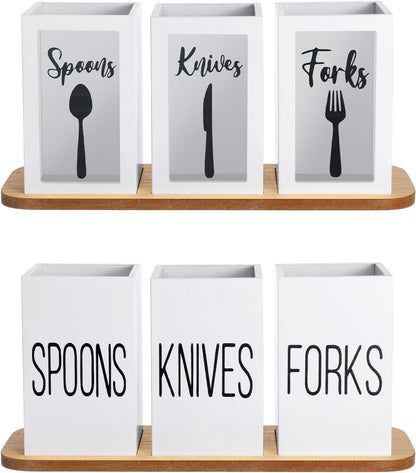 Acrylic Silverware Cutlery Holder Flatware Caddy Utensil Holder with Wood Tray Spoon Fork Knives Flatware Dispenser for Kitchen Table Countertop Silverware Storage Organizer(White)